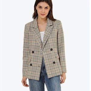 NWT Allegra K Notched Lapel Double Breasted Plaid Blazer